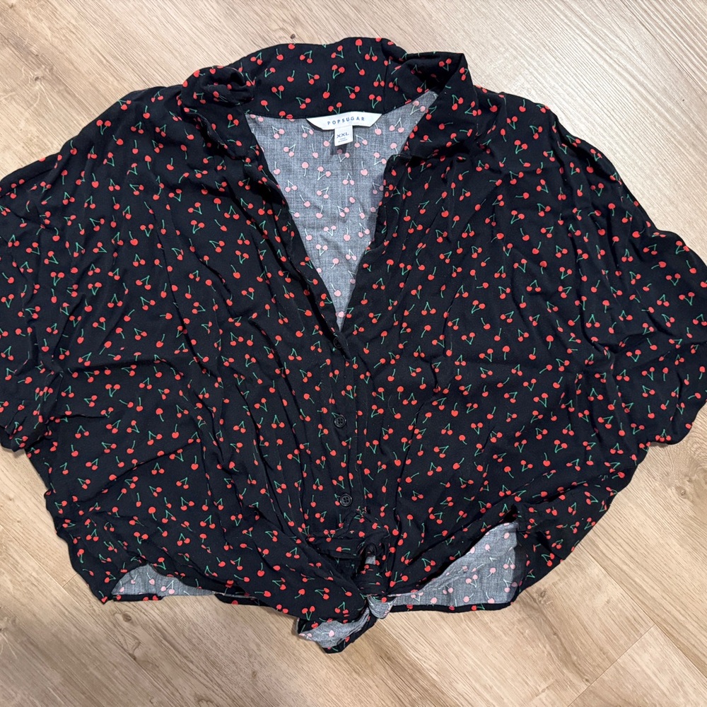 Cherry Print Black Tie-Front Blouse